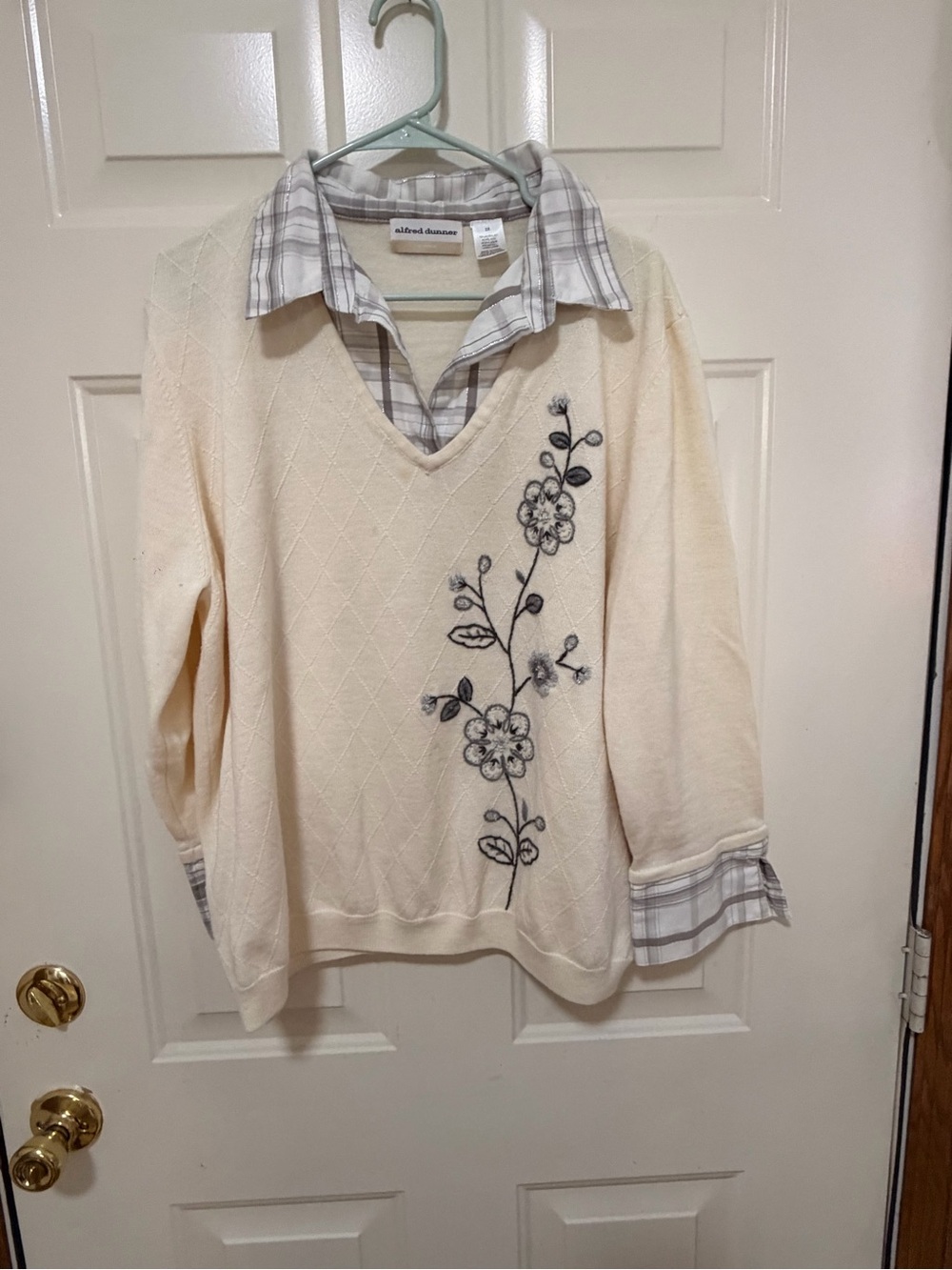 Alfred Dunner Cream V-Neck Sweater with Black Floral Embroidery and Plaid Trim